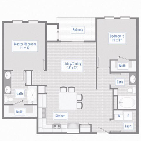 Park 125 2 Bed, 1090 SF Floor Plan